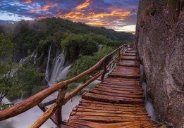 Houten brug fotobehang Waterval